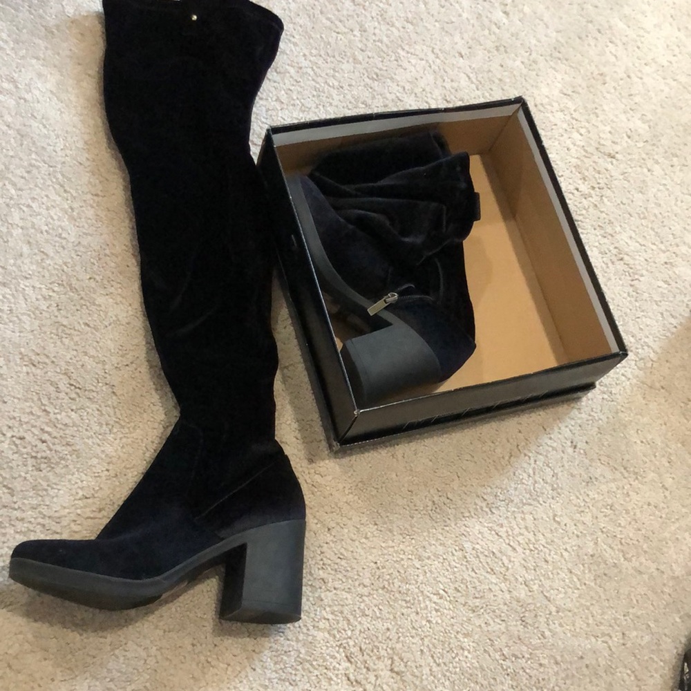 velvet velour black high knee high heel boots